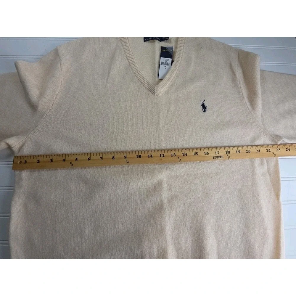 POLO RALPH LAUREN MEN'S LARGE V NECK SWEATER‎ CREAM WOOL, LOGO, NWT